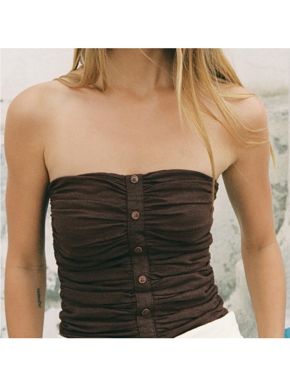 Zara Ruched Strapless Button-Front Tube Top - Brown